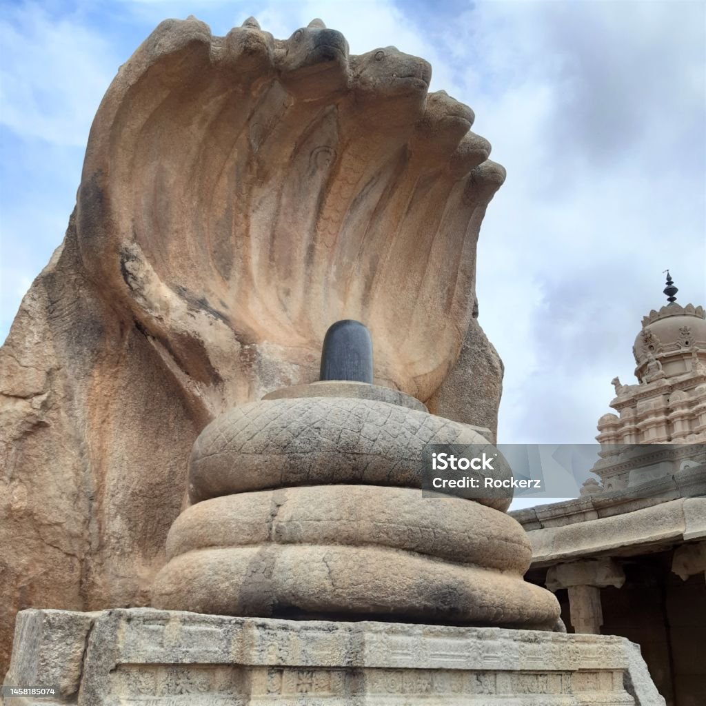 the statue of lord Shiva in lingam form is located in lepakshi temple complex, is one of the iconic stone carving which has a large seven headed serpent coiling around the sculpture.